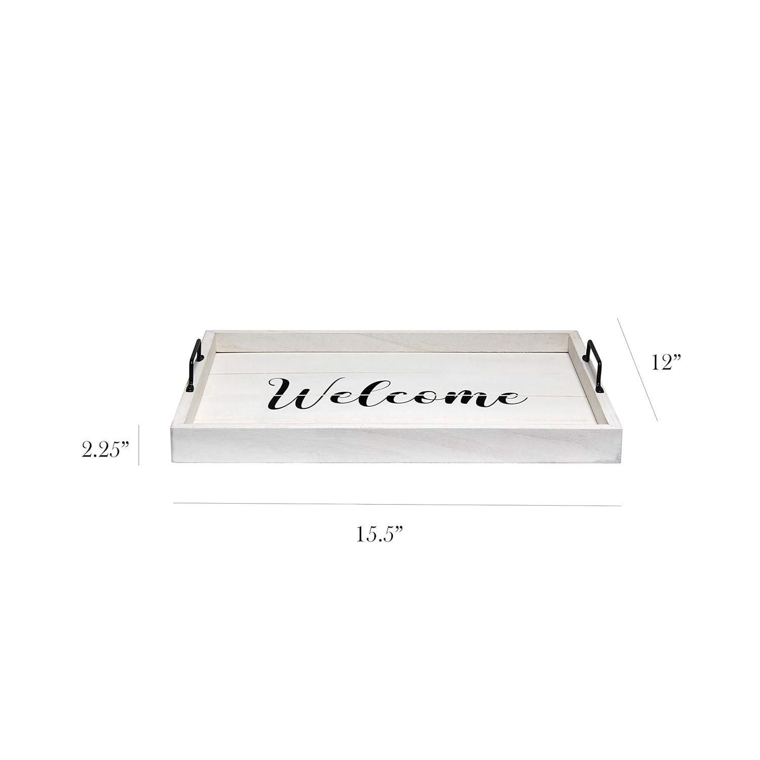 Elegant Designs 15.5" x 12" Decorative Wood Serving Tray, "Welcome", White Wash