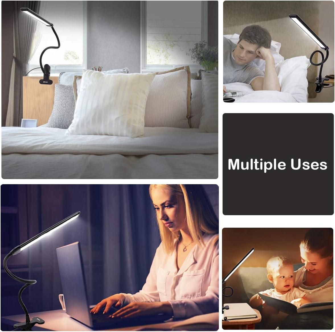 Clamp on Lamp, Clip Light, Desk Lamps with 3 Color Temperature Settings, 10 Brightness Levels, 2m USB Cord Power Supply and AC Adapter Included, Pack of 2 (Black)
