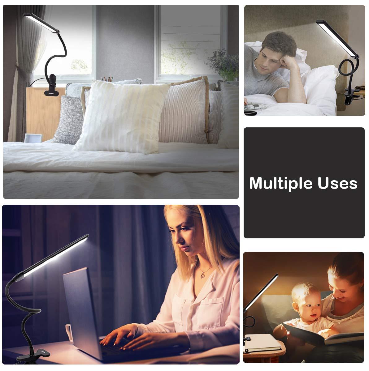 Clamp on Lamp, Clip Light, Desk Lamps with 3 Color Temperature Settings, 10 Brightness Levels, 2m USB Cord Power Supply and AC Adapter Included, Pack of 2 (Black)