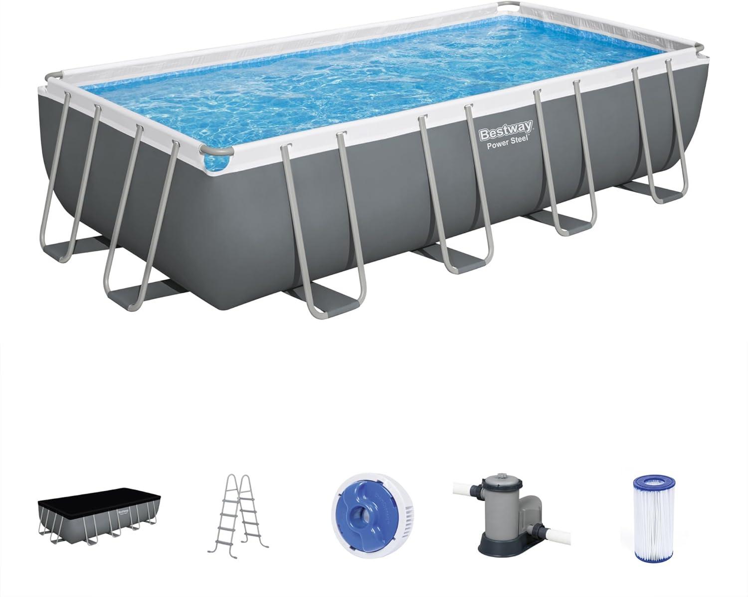 Bestway Power Steel 18' x 9' x 48" Rectangular Metal Frame Above Ground Swimming Pool Set with 1,500 GPH Filter Pump, Ladder, and Pool Cover