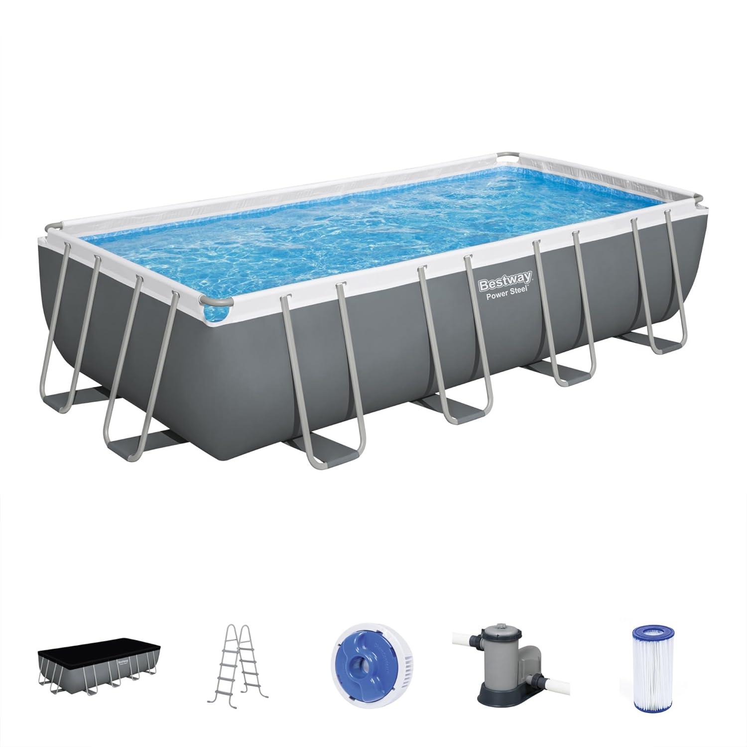 Bestway Power Steel 18' x 9' x 48" Rectangular Metal Frame Above Ground Swimming Pool Set with 1,500 GPH Filter Pump, Ladder, and Pool Cover