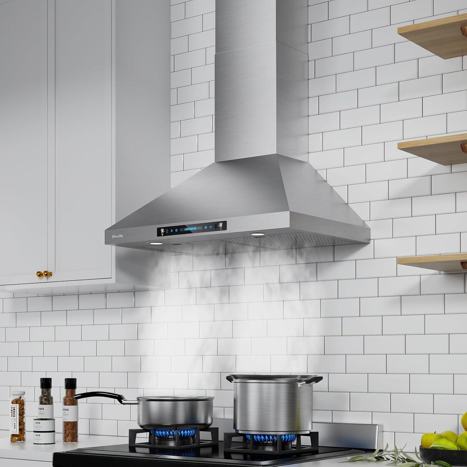 HisoHu Wall Mount Range Hood with Ducted/Ductless Convertible Duct, 30 Inch 780 CFM Stainless Steel Vent Hood, 4 Speed Gesture Sensing Exhaust Hood with Dimmable LED lights(A02-30")