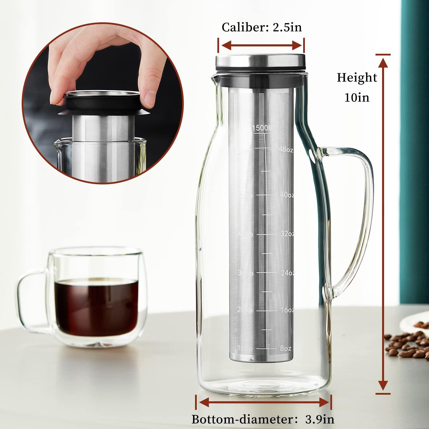 Cold Brew Coffee Maker 1.5L/51oz – Borosilicate Glass Pitcher with Stainless Steel Filter & Lid, Airtight BPA-Free Cold Brew Carafe for Iced Coffee or Tea, Dishwasher Safe & Fridge Friendly