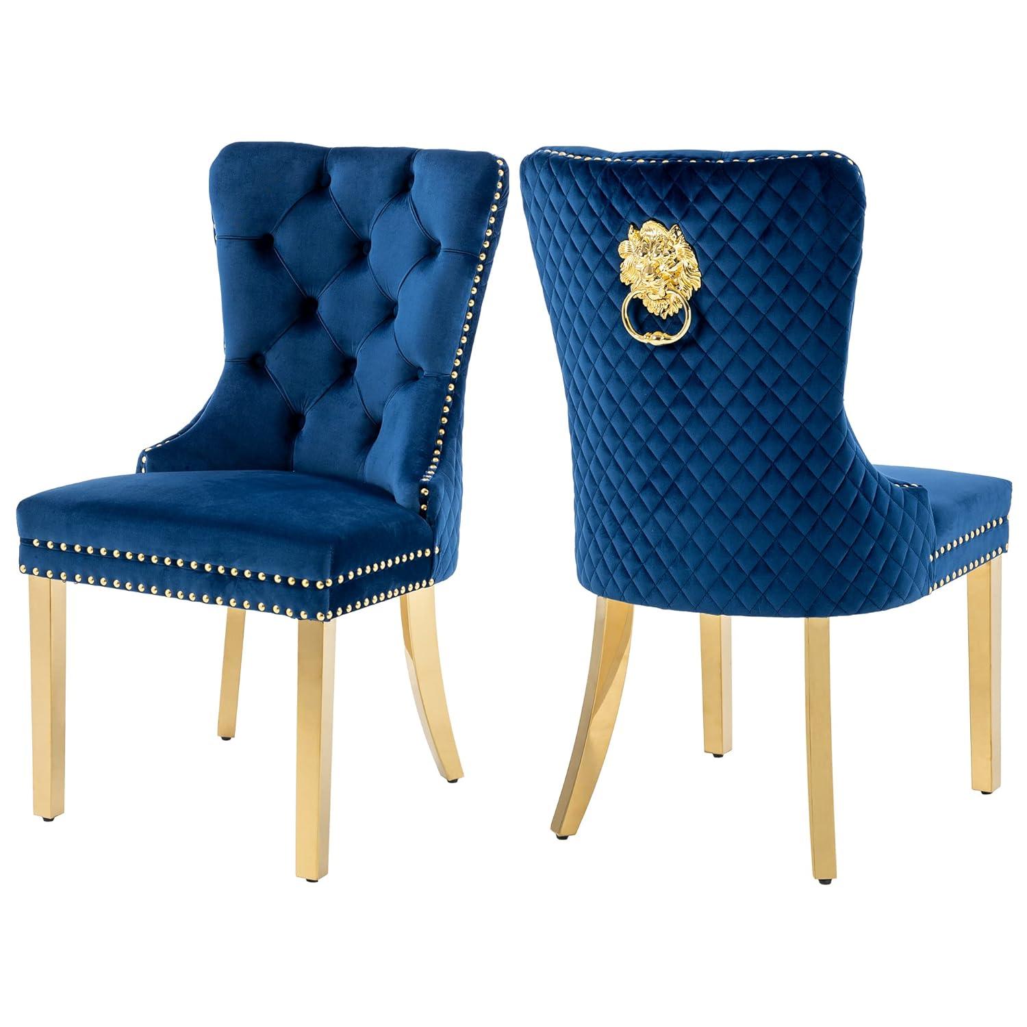 Velvet Upholstered Dining Chairs, Set of 2, Dining Room Tufted Chair, Modern Button Tufted Armless Chairs with Nailhead Trim and Back Ring Pull, Gold Legs, for Dining Room, Kitchen, Navy