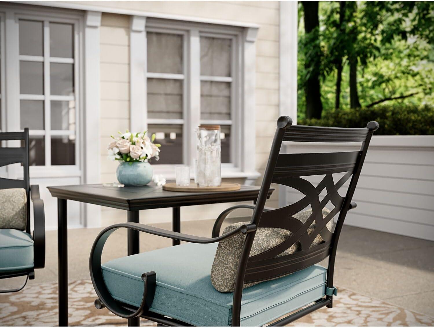 Hanover Montclair 3-Piece All-Weather Outdoor Patio Bistro Dining Set, 2 Swivel Rocker Chairs with Comfortable Seat and Lumbar Cushions, 27" Square Stamped Rectangle Table, MCLRDN3PCSW2-NVY