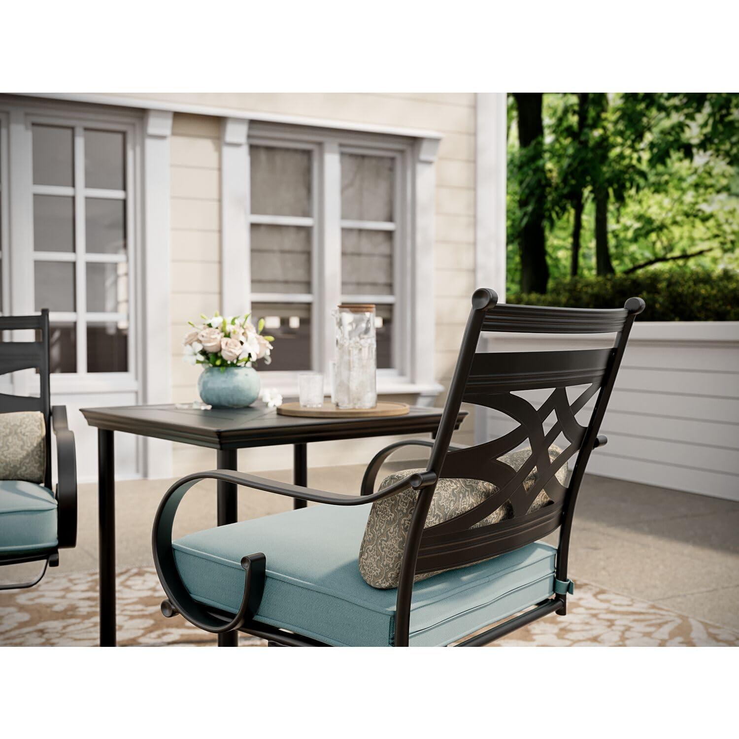 Hanover Montclair 3-Piece All-Weather Outdoor Patio Bistro Dining Set, 2 Swivel Rocker Chairs with Comfortable Seat and Lumbar Cushions, 27" Square Stamped Rectangle Table, MCLRDN3PCSW2-NVY