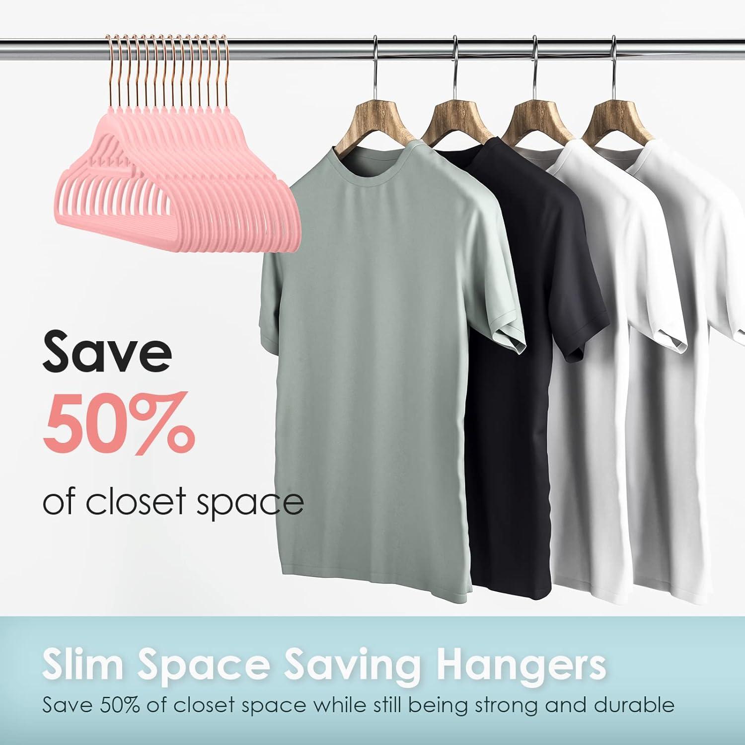 Hangers (50 Pack) Heavy Duty - Non Slip Felt Hangers - Blush Pink - Rose Gold 360 Degree Swivel Hooks,Space Saving Clothes Hangers,Durable Strong Hangers for Suits,Coats,Dress