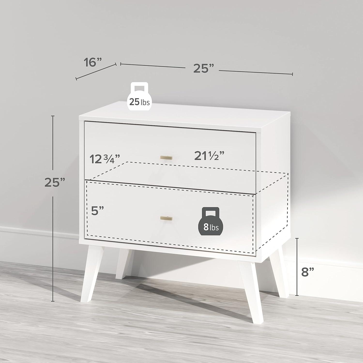 Mid Century Modern 2 Drawer Wide Nightstand White - Prepac: Sleek Bedside Table, Tapered Legs