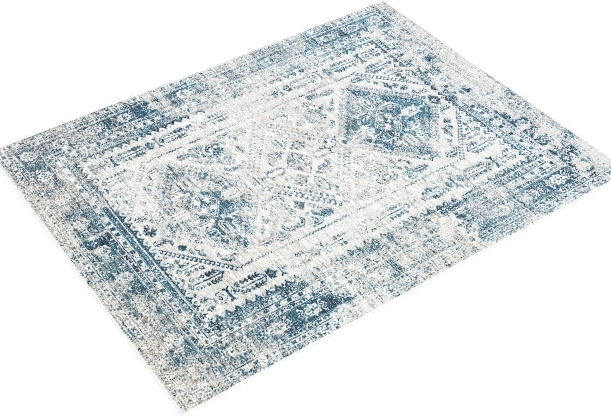 Blue and White Rectangular Synthetic 8' x 10' Area Rug