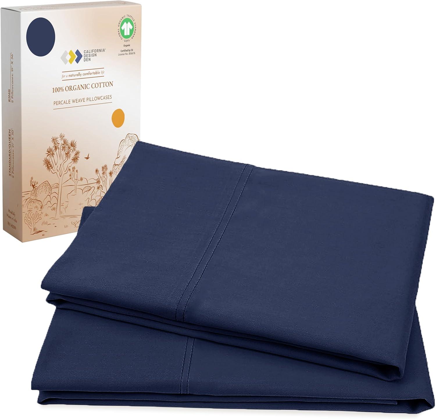 100% Organic Cotton Pillowcase Set - 300 Thread Count Percale, GOTS Certified - California Design Den