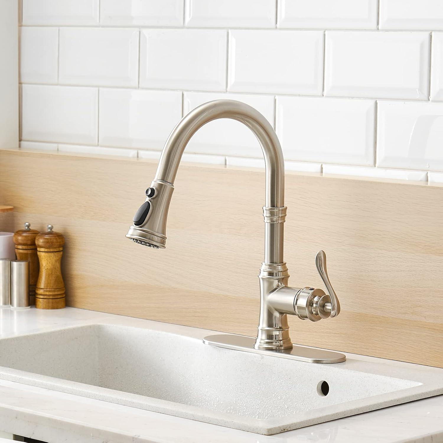 Kitchen Sink Faucet Brushed Nickel with Pull Down Sprayer 3 Mode Faucet for Kitchen Sink Single Handle High Arc Commercial Stainless Steel Pull Out RV Kitchen Faucet Bar,Deck Plate Include