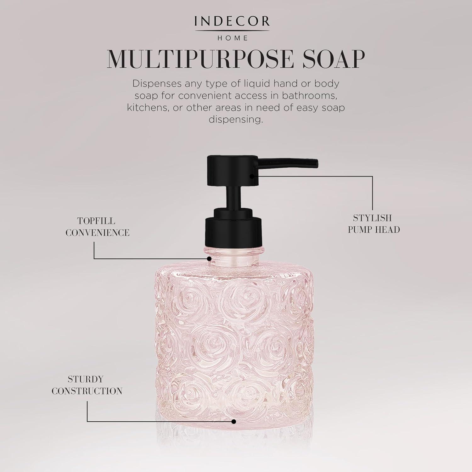 Marcella Glass Soap Dispenser with Soap Pump, Refillable 14 Ounce Capacity, Floral Design Rose Patterns, Heavy Weight Thick Glass for Bathroom, Premium Kitchen Soap Dispenser Peach Blush