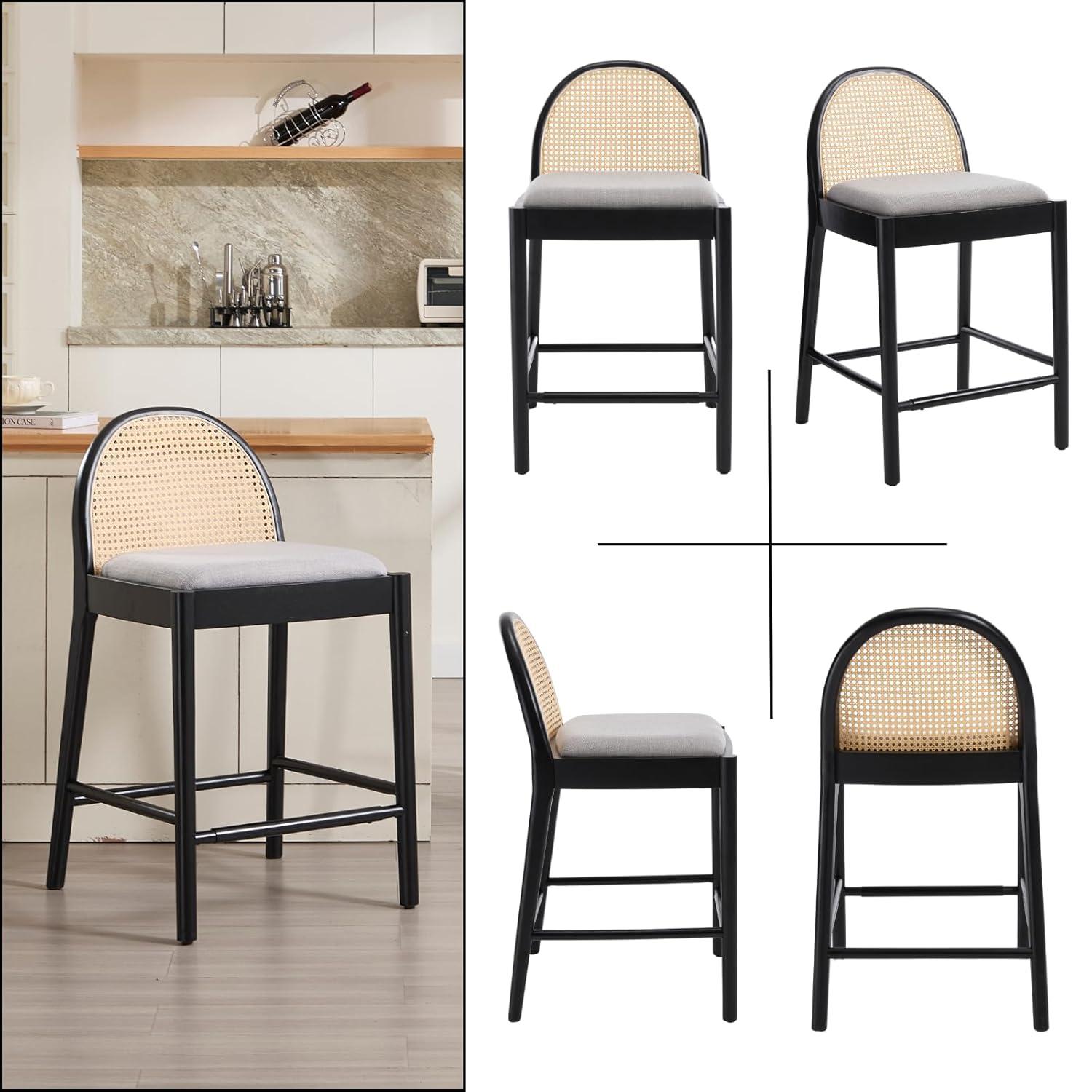 Bayou Breeze Emington Modern Stools with Rattan Backrests and Wood Frame (Set of 2)