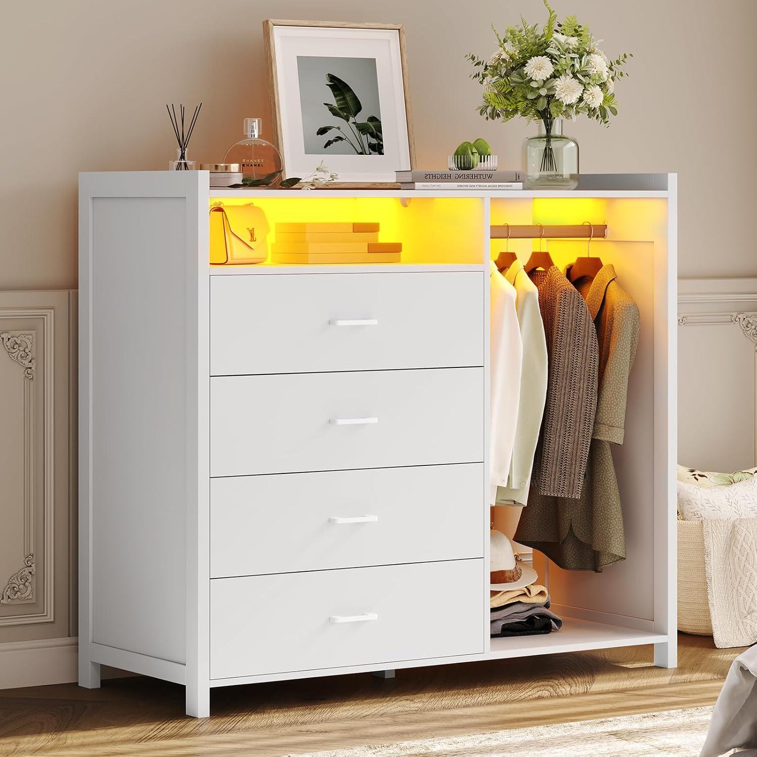 4 Drawer Dresser with Clothing Rack and LED Lights, Modern LED Dresser for Bedroom, Black