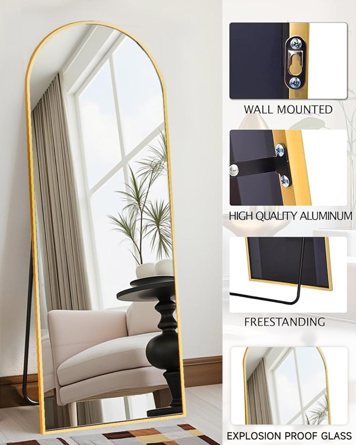 Antok Arched Full Length Mirror, 58"x18" Floor Mirror Freestanding, Floor Standing Mirror Full Body Mirror with Stand for Bedroom, Hanging Mounted Mirror for Living Room Cloakroom,Gold