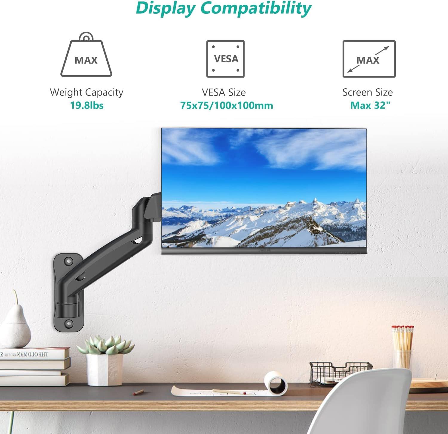 Black Adjustable Gas Spring Wall Mount for 13-32 Inch Monitors