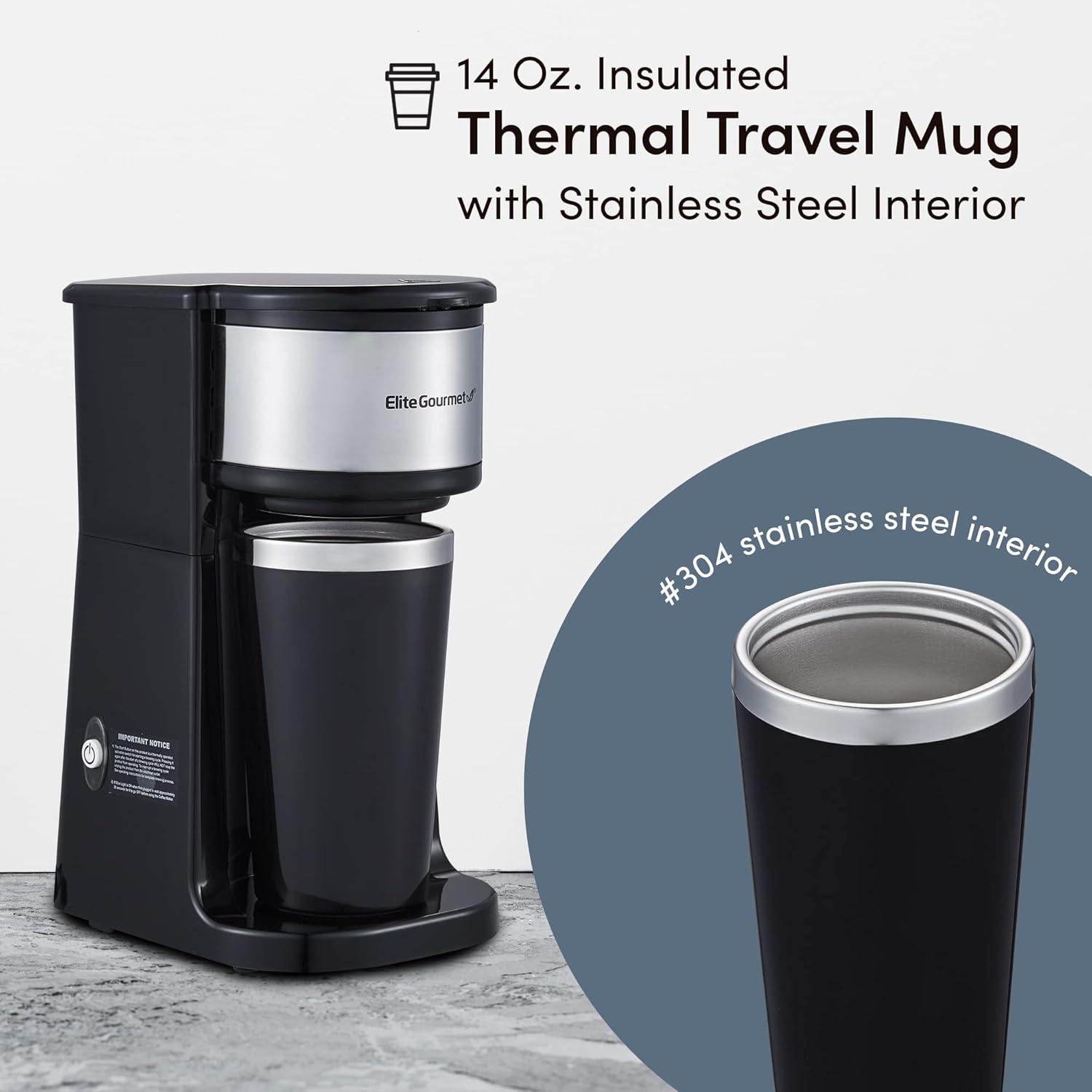 Elite Gourmet Single Serve Personal Coffee Maker with Travel Mug (304SS interior)