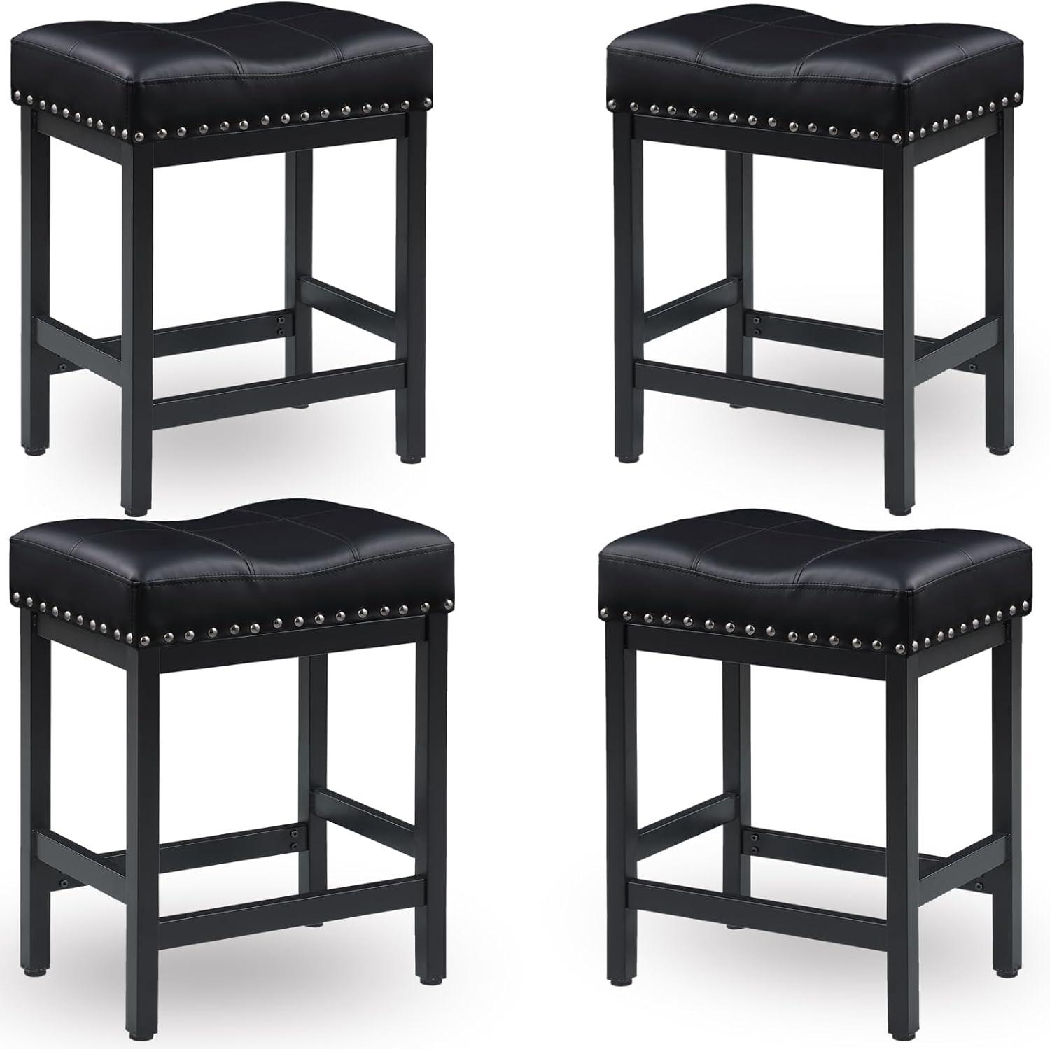 edx Bar Stools Set of 4, Modern Counter Height, 24 Inch Kitchen Barstools with Metal Base, PU Leather Saddle Seats for Kitchen Island, Black