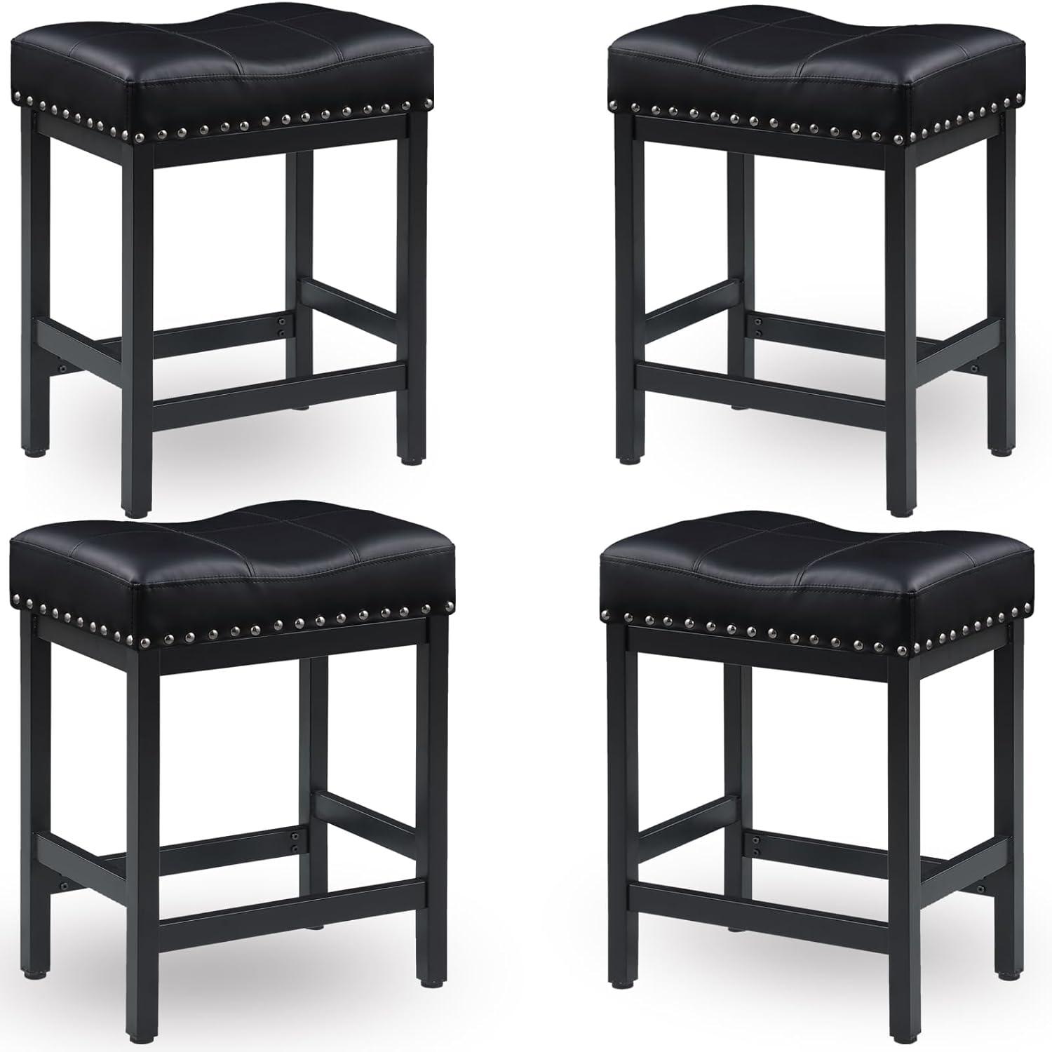 edx Bar Stools Set of 4, Modern Counter Height, 24 Inch Kitchen Barstools with Metal Base, PU Leather Saddle Seats for Kitchen Island, Black