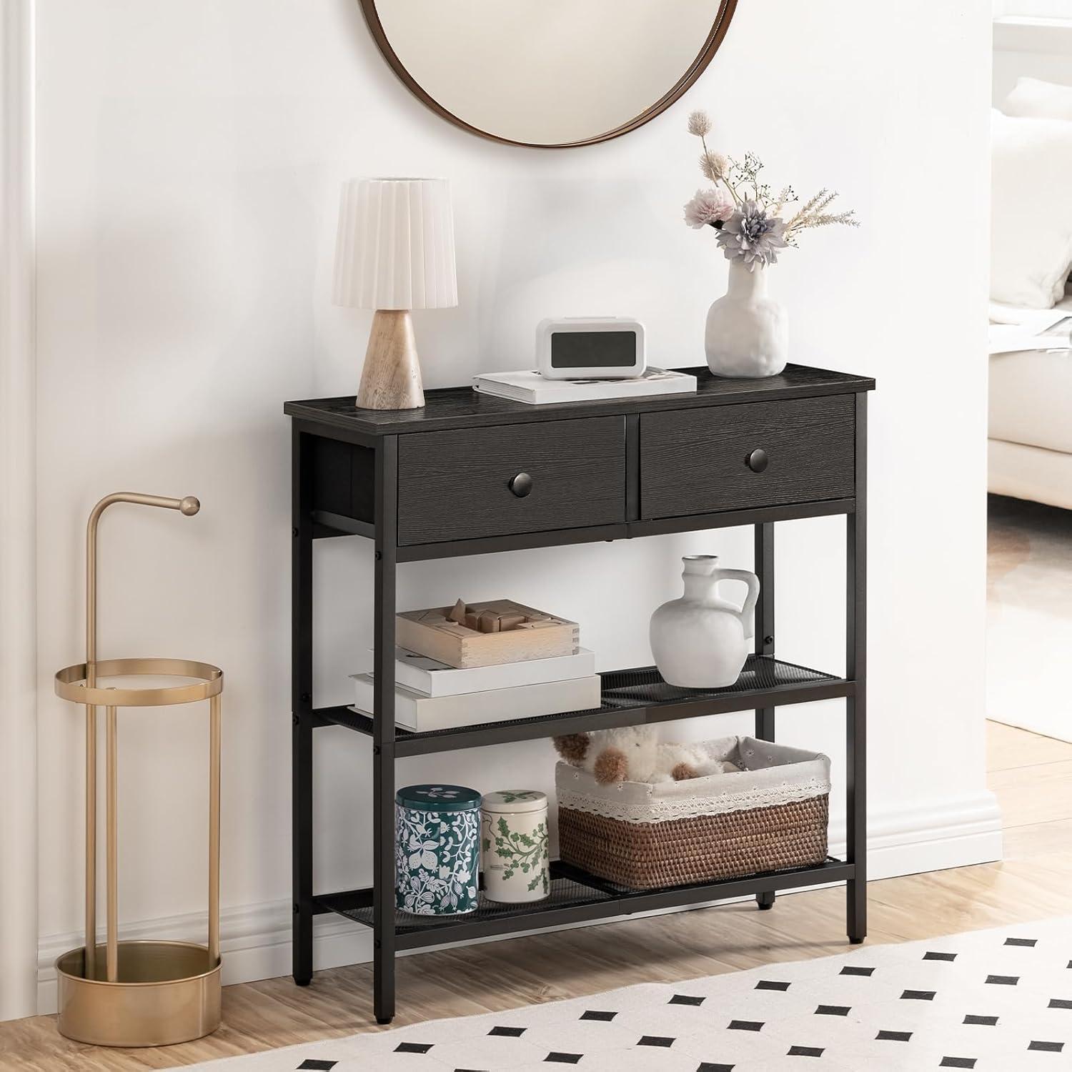 Rustic Brown and Black 29.5" Narrow Console Table with Fabric Drawers