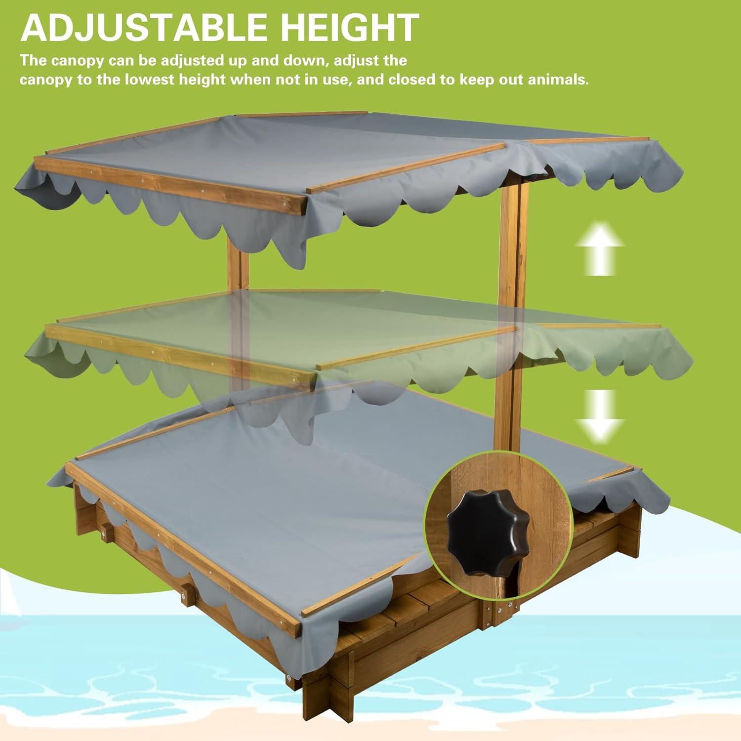 Wooden Sandbox with Adjustable Canopy and Bench Seats