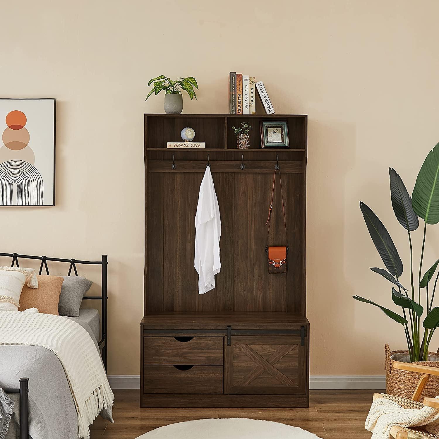 Betoko Hall Trees with Bench and Coat Racks, Farmhouse 71 Inch Entryway Bench with Sliding Barn Door, Wood Coat Tree Mudroom Storage Benches with Drawers (Walnut)