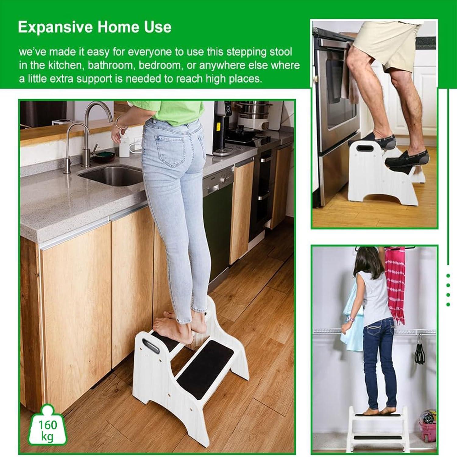 StrongTek Wood 2 Step Stool with Non-Slip Stepping Surface and Portable Handles, Multipurpose Heavy-Duty Support (300 LBS Capacity)