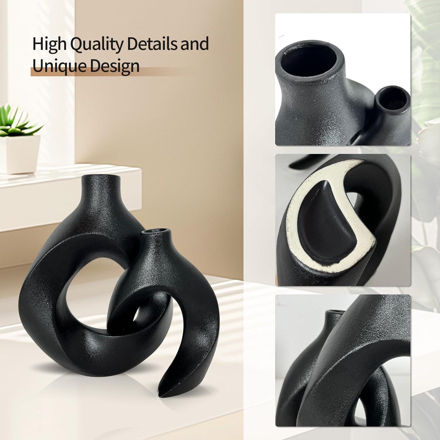 Matte Black Ceramic Decorative Vase Set with Curved Design