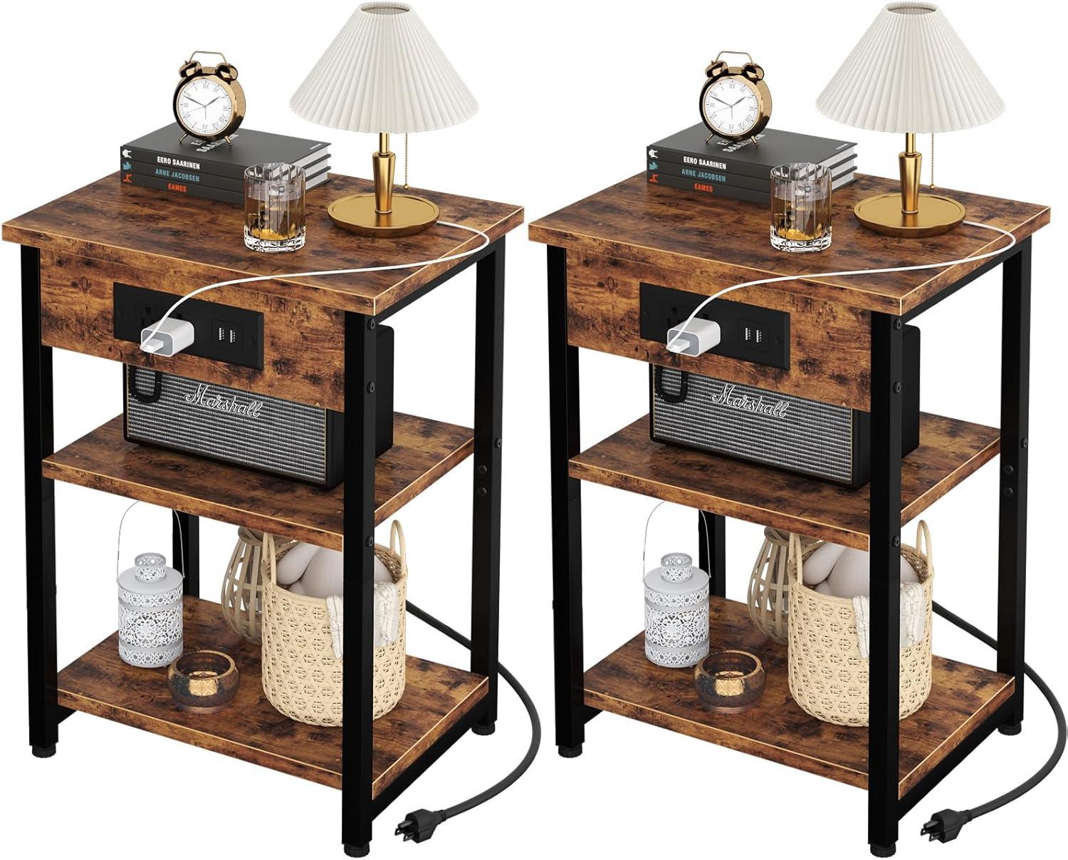 Rustic Brown 3-Tier End Tables with USB Charging Station
