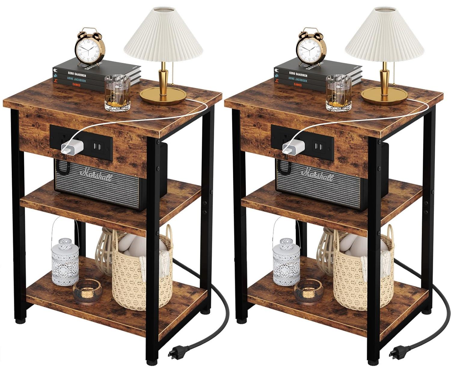 End Tables Set of 2 with Charging Station USB Ports, 3 Tier Tall Night Stand with Storage Shelves, Record Player Stand Narrow Side Table for Small Space Living Room Bedroom Office, Rustic Brown