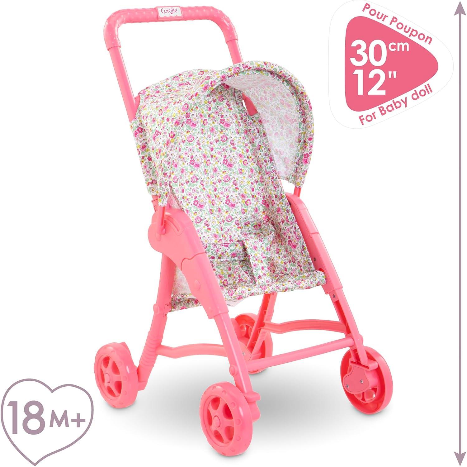 Corolle Baby Doll Stroller with Folding Canopy - Mon Premier Poupon Accessory Fits 12" Dolls, Pink/Floral Pattern, for Kids Ages 18 Months and up