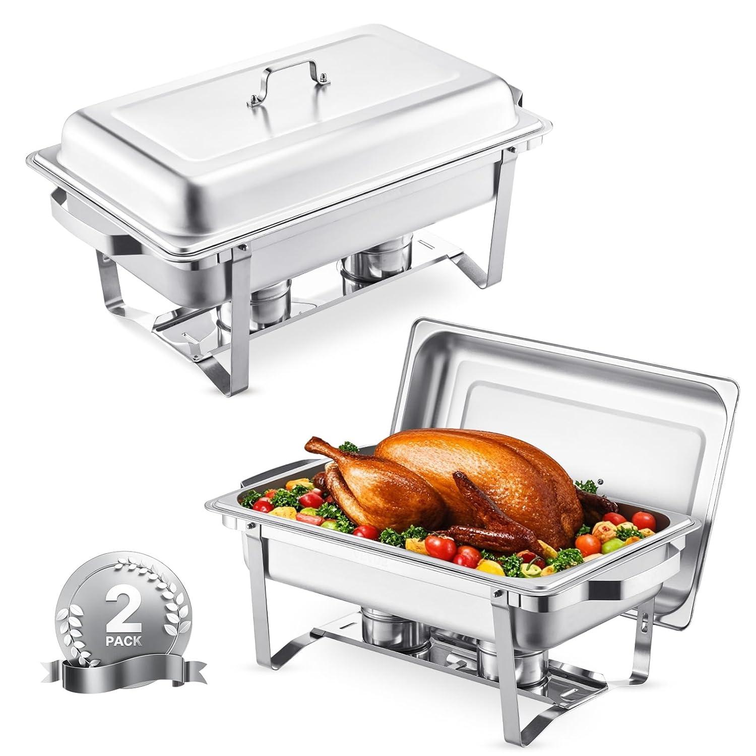 VEVOR Chafing Dish Buffet Set, 8 Qt 2 Pack, Stainless Chafer with 2 Full & 4 Half Size Pans, Rectangle Catering Warmer Server with Lid Water Pan Folding Stand Fuel Tray Holder Clip