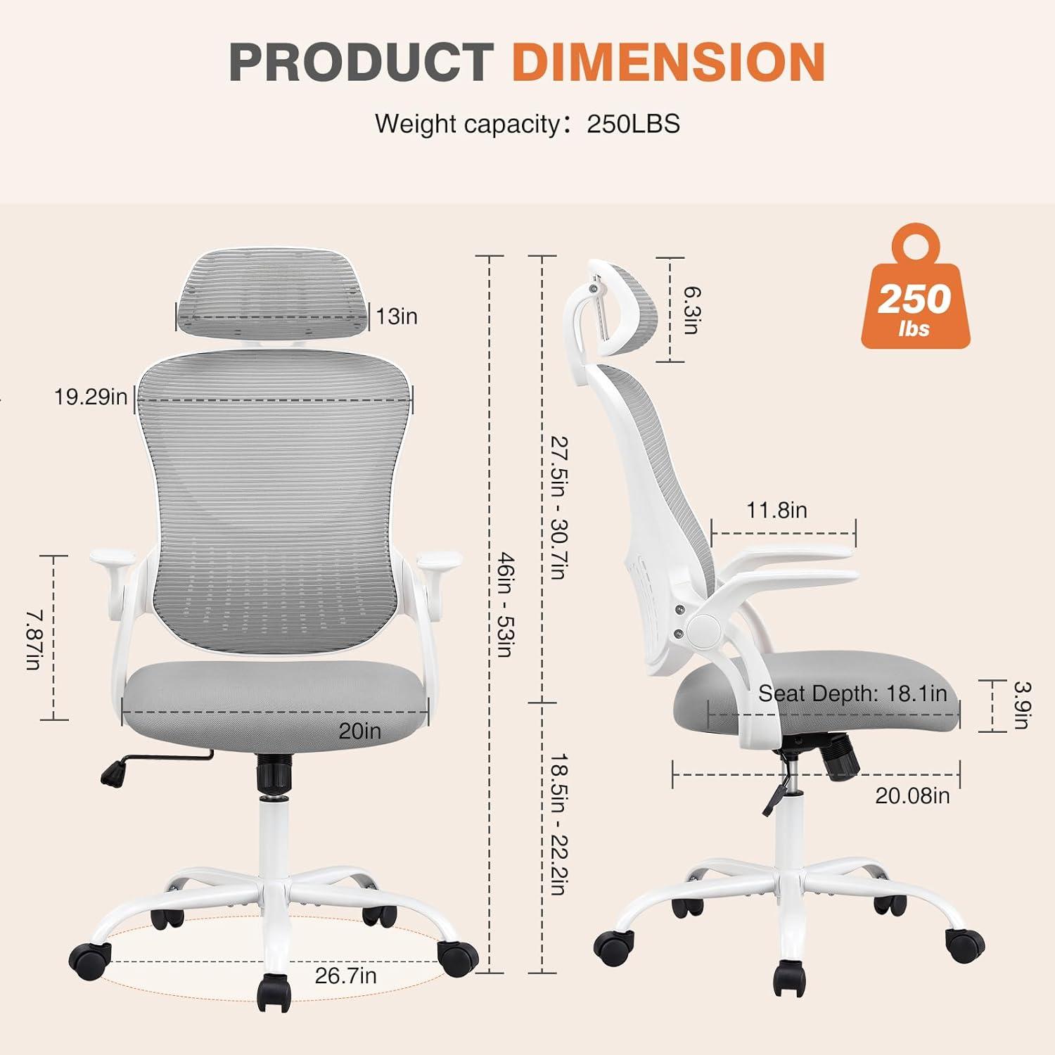 Sweetcrispy Office Computer Desk Managerial Executive Chair, Ergonomic Mid-Back Mesh Rolling Work Swivel Chairs with Wheels, Comfortable Lumbar Support, Comfy Arms for Home,Bedroom,Study,Student,Grey
