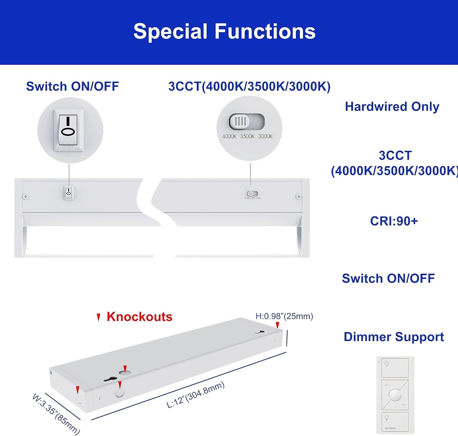 12 inch LED Under Cabinet Light Bar Hardwired Dimmable Ultra Bright 3000K 3500K/4000K