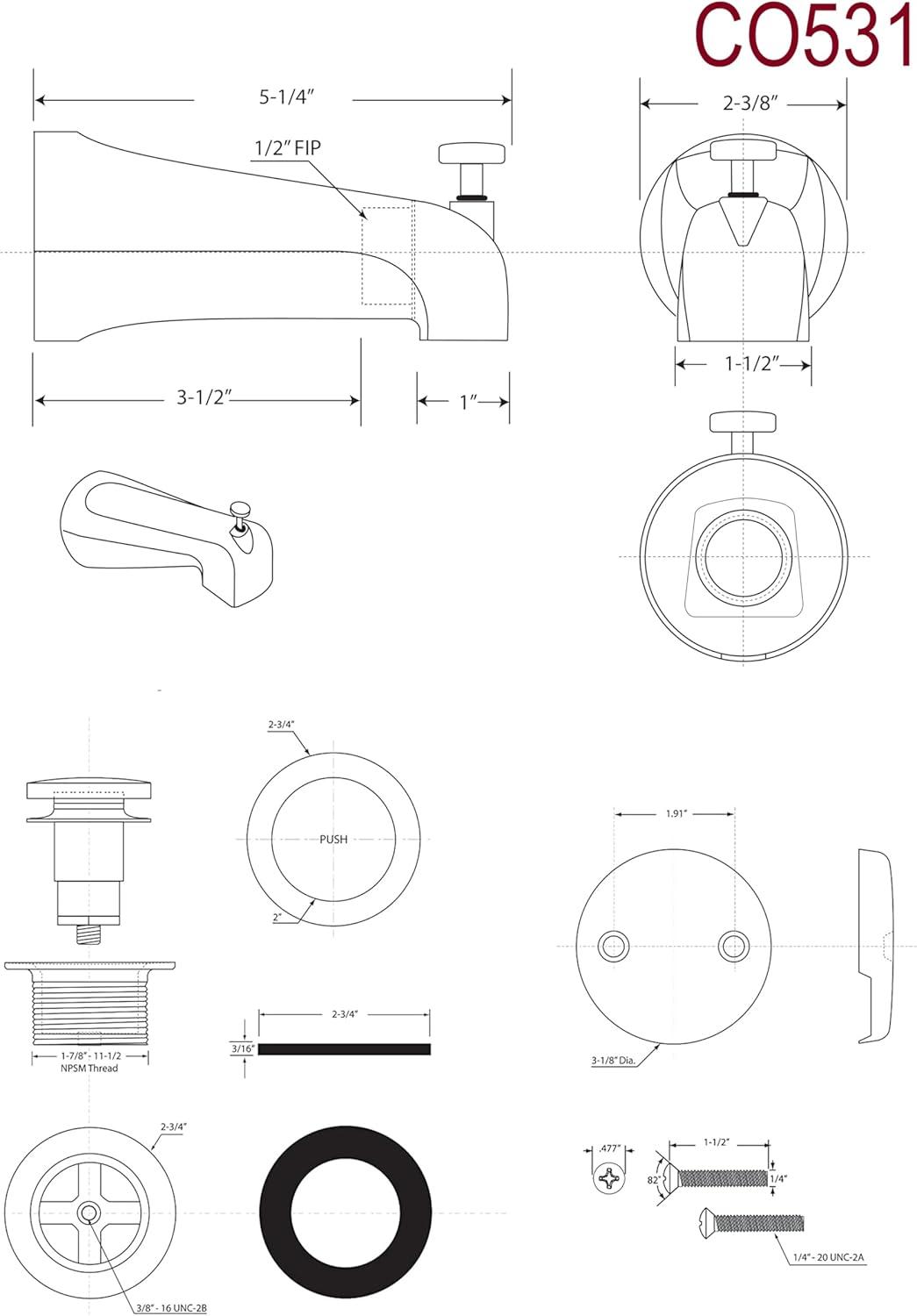 5-1/4" Front Diverter Tub Spout with Tip-Toe Drain and 2-Hole Overflow Trim