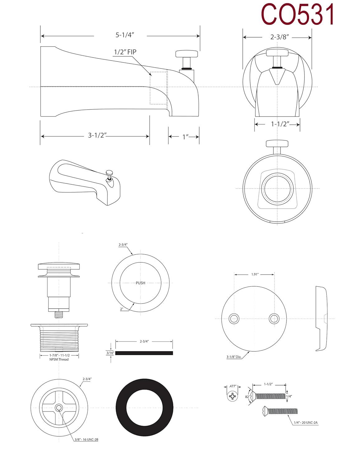 5-1/4" Front Diverter Tub Spout with Tip-Toe Drain and 2-Hole Overflow Trim