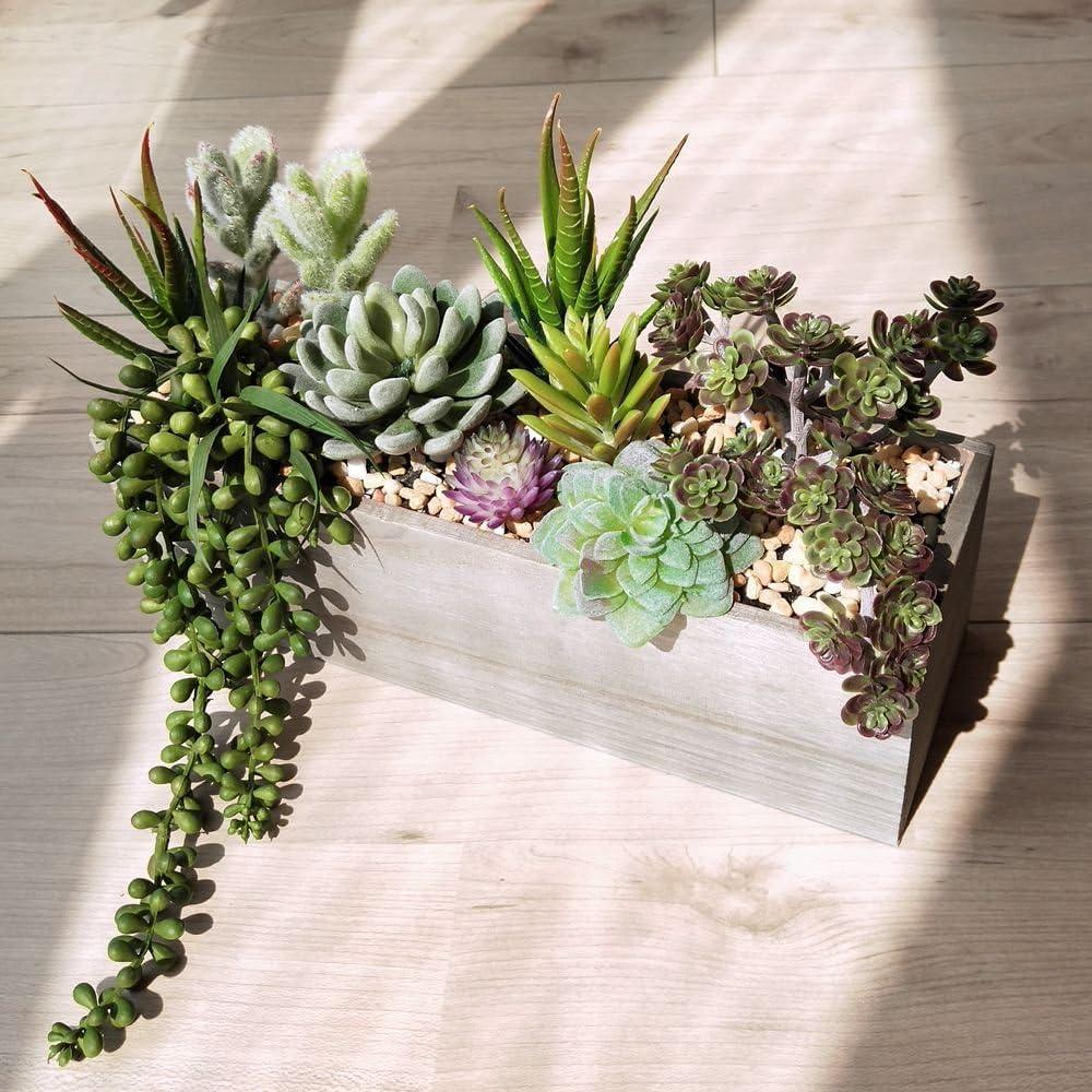 Artificial Succulent Arrangement in Rectangular Wooden Planter