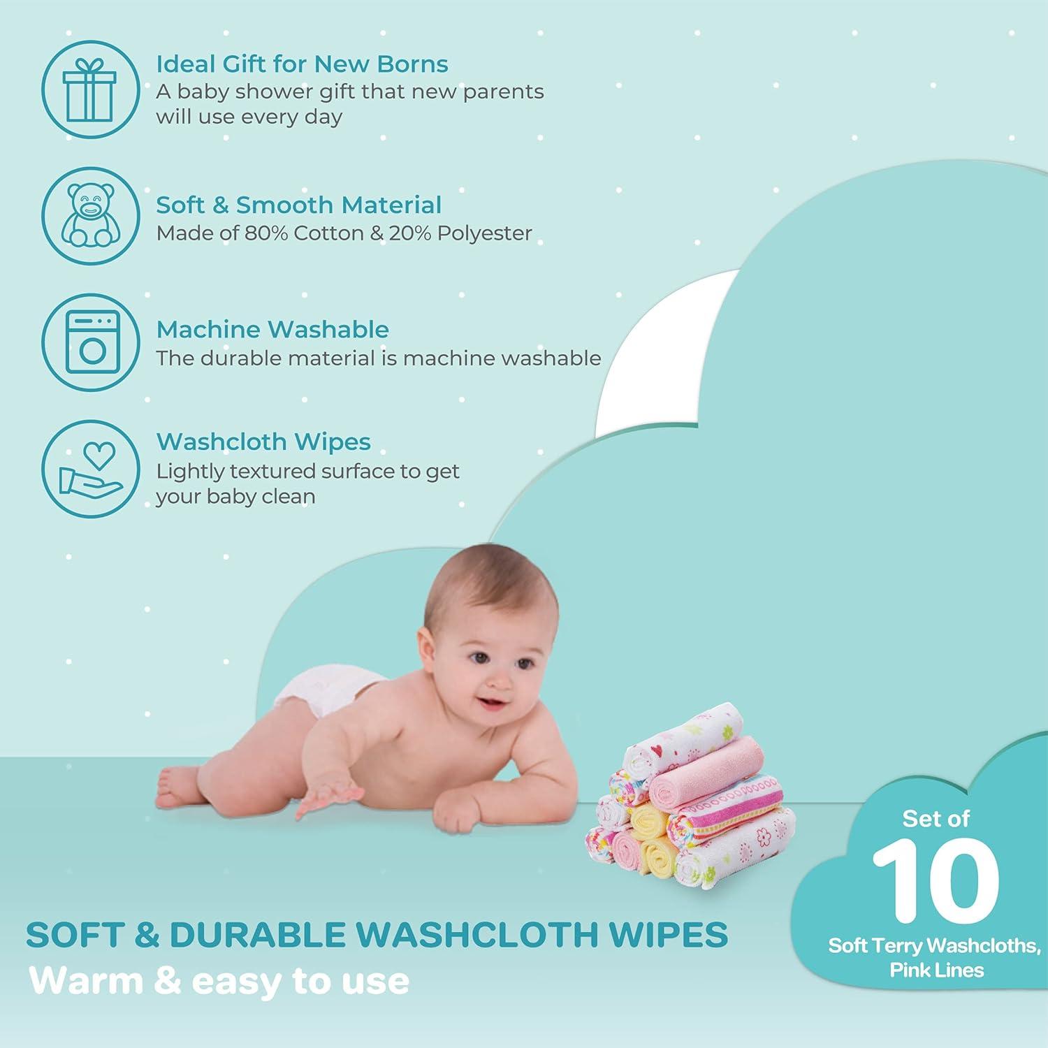 Spasilk Washcloth Wipes Set for Newborns and Infants, Terry Bathtime Essentials, Pack of 10, Pink Stripes