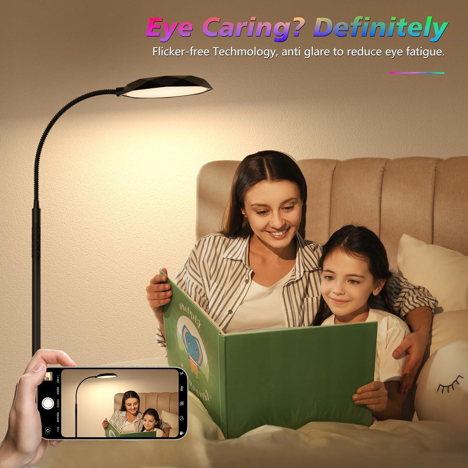 Floor Lamp, 18W Bright LED Floor Lamps for Living Room with Diamond-Surface, Stepless Adjustable Colors & Dimmer Standing Lamp with Timer, Remote & Touch Control, Reading Lights for Bedroom, Office