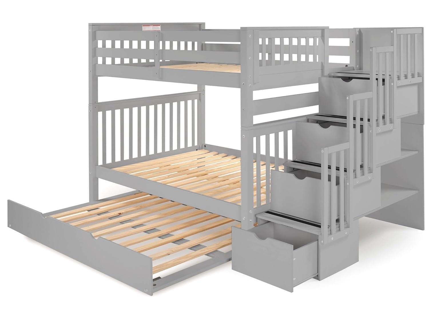 Bedz King Stairway Bunk Beds Full over Full with 4 Drawers in the Steps and a Full Trundle, Gray