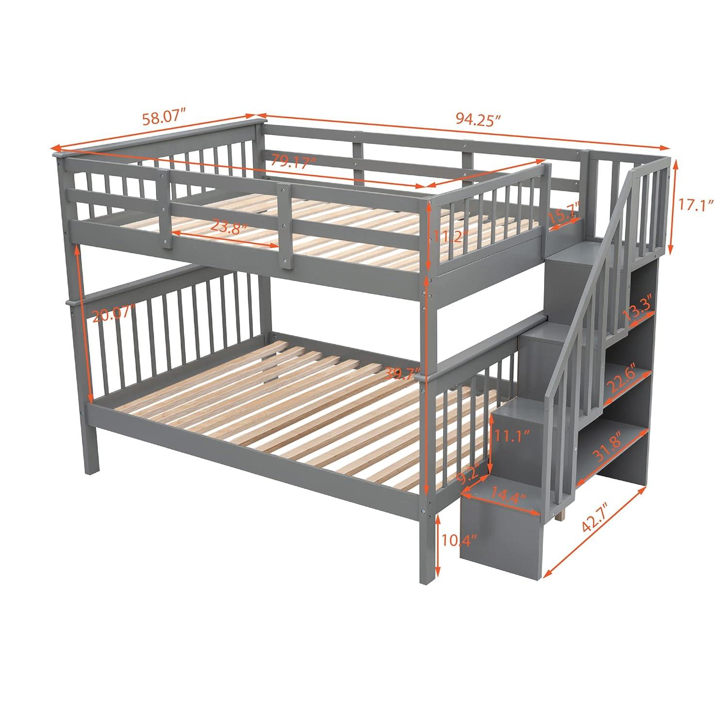 Full Over Full Bunk Beds with Drawers and Stairs Stairway Bunk Bed Frame with Storage Shelves for Kids Teens Adult, Wood Full Bunk Bed for Boys Girls Adults, Gray