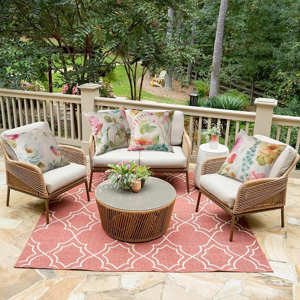 Artscope Set of 4 Waterproof Throw Pillow Covers 18x18 Inches, Pink Roses and Butterfly Pattern Decorative Cushion Covers, Perfect to Outdoor Patio Garden Living Room Sofa Farmhouse Decor