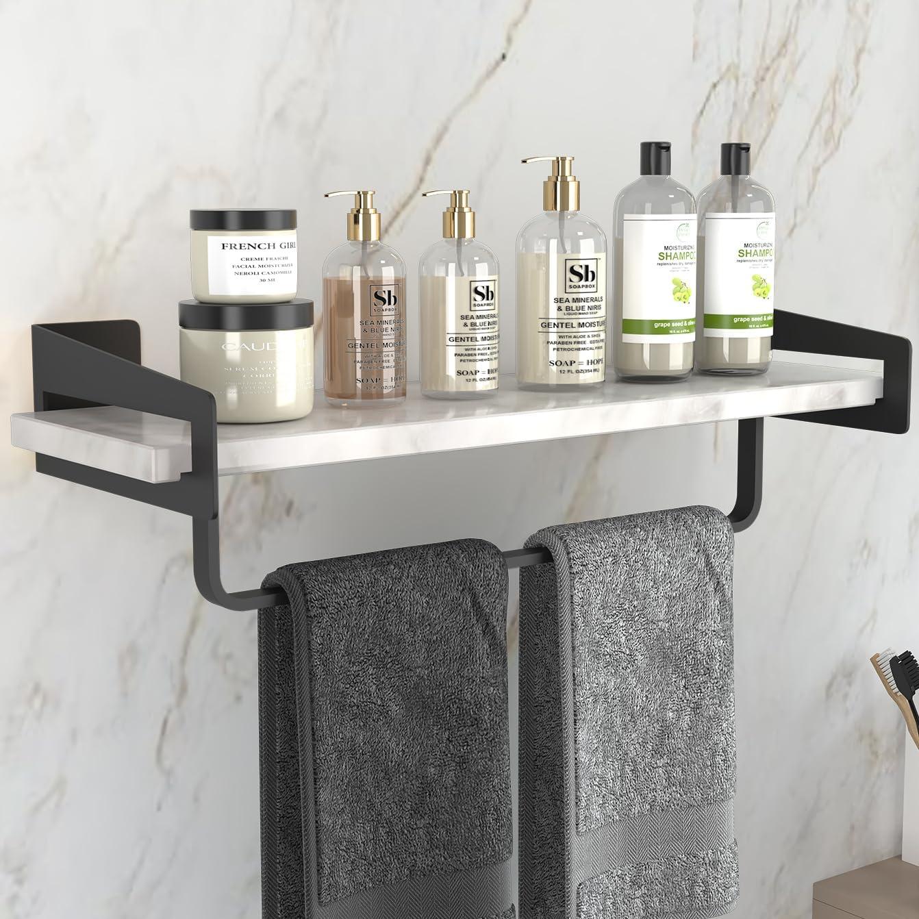 Black Marble and Metal Floating Bathroom Shelf with Towel Bar