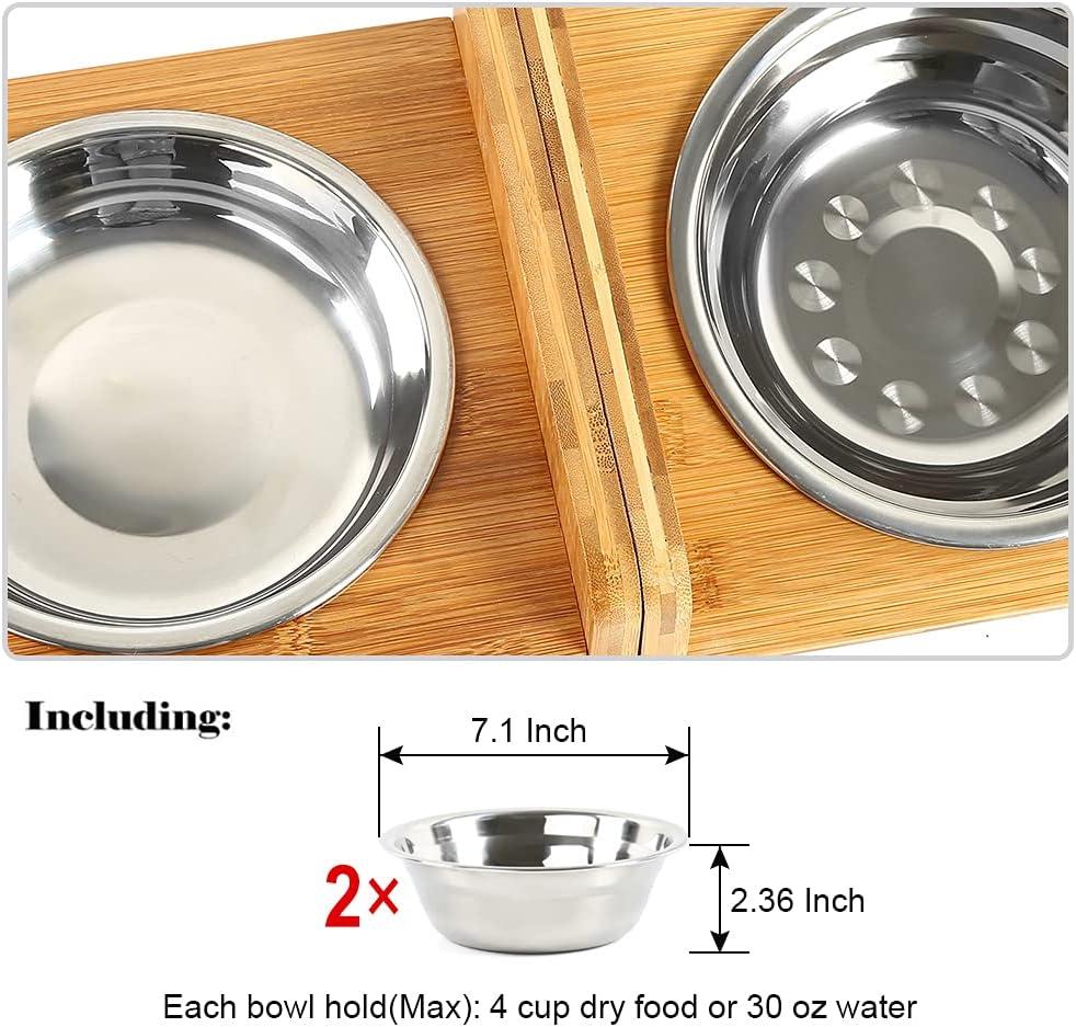 YY FOREYY Juego de 2 Tazones Elevados para Perros y Gatos, Tazones de Agua y Comida para Perros con Inclinación de Bambú, Comedero con 3 Tazones de Acero Inoxidable y Patas Antideslizantes para una Alimentación Cómoda