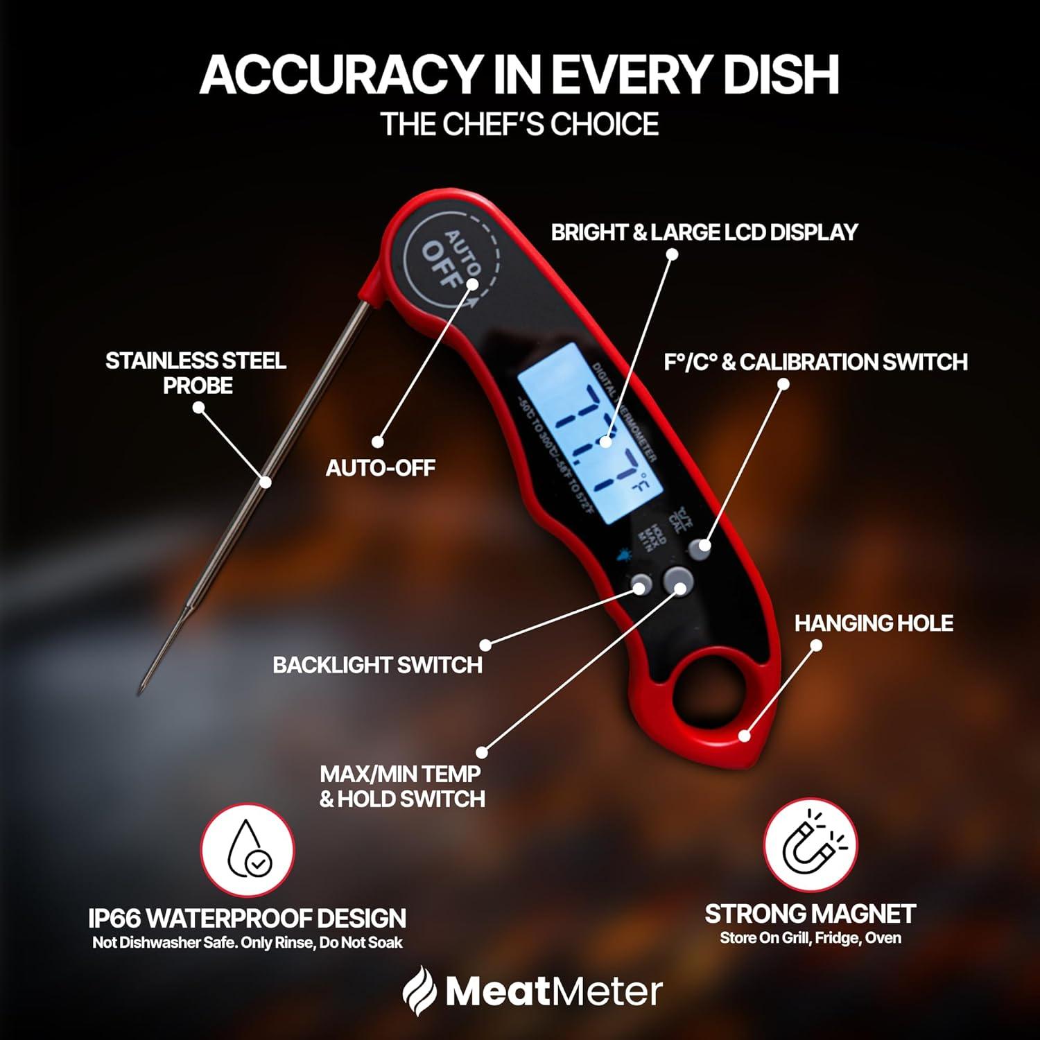Digital Meat Thermometer for Grill/Cooking Fast Instant Read Waterproof Magnetic Probe Thermometer w/Backlight and Display for Kitchen, BBQ, Frying, etc. Chicken, Steak,or Burgers, Red