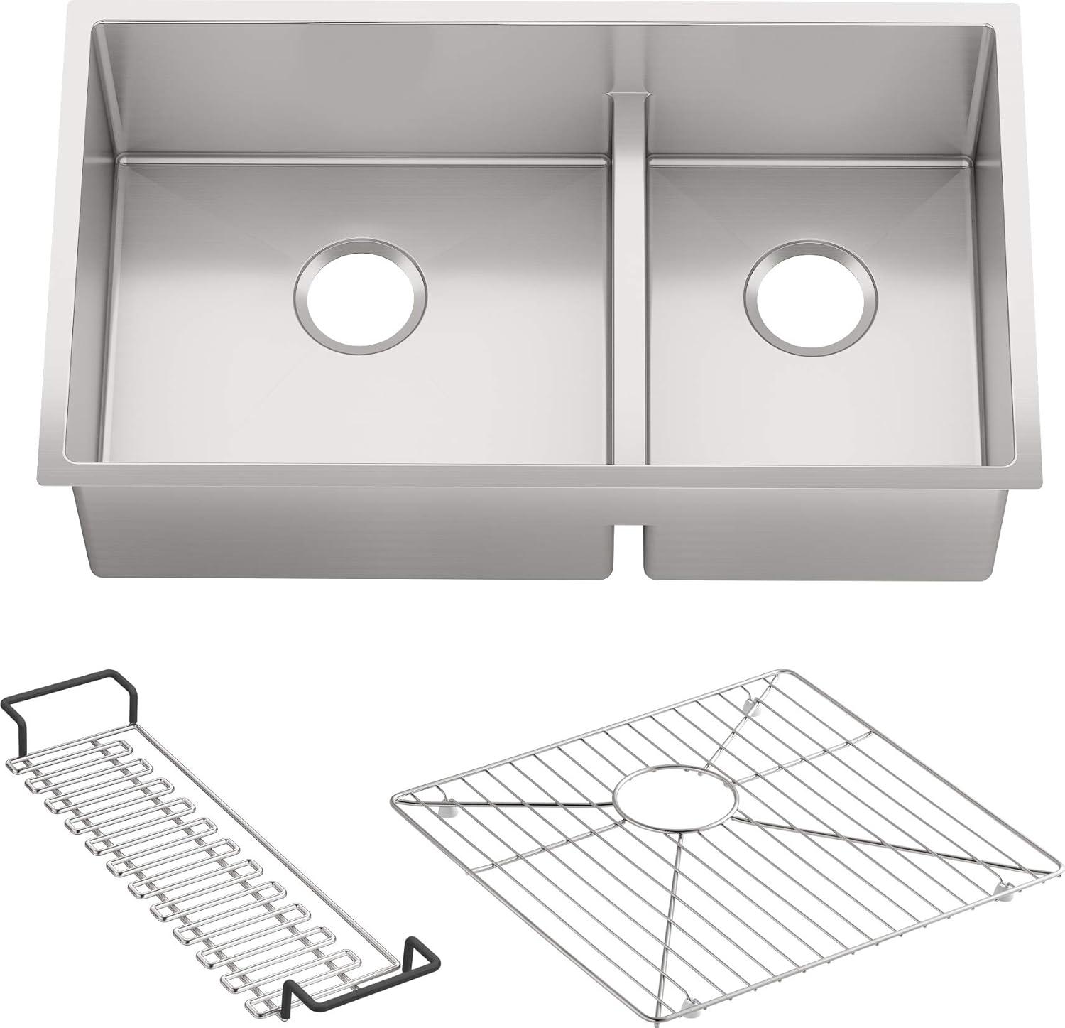 Strive 32" L x 18-5/16" W x 9-5/16" Smart Divide Under-Mount Large/Medium Double-Bowl Kitchen Sink with Basin Rack