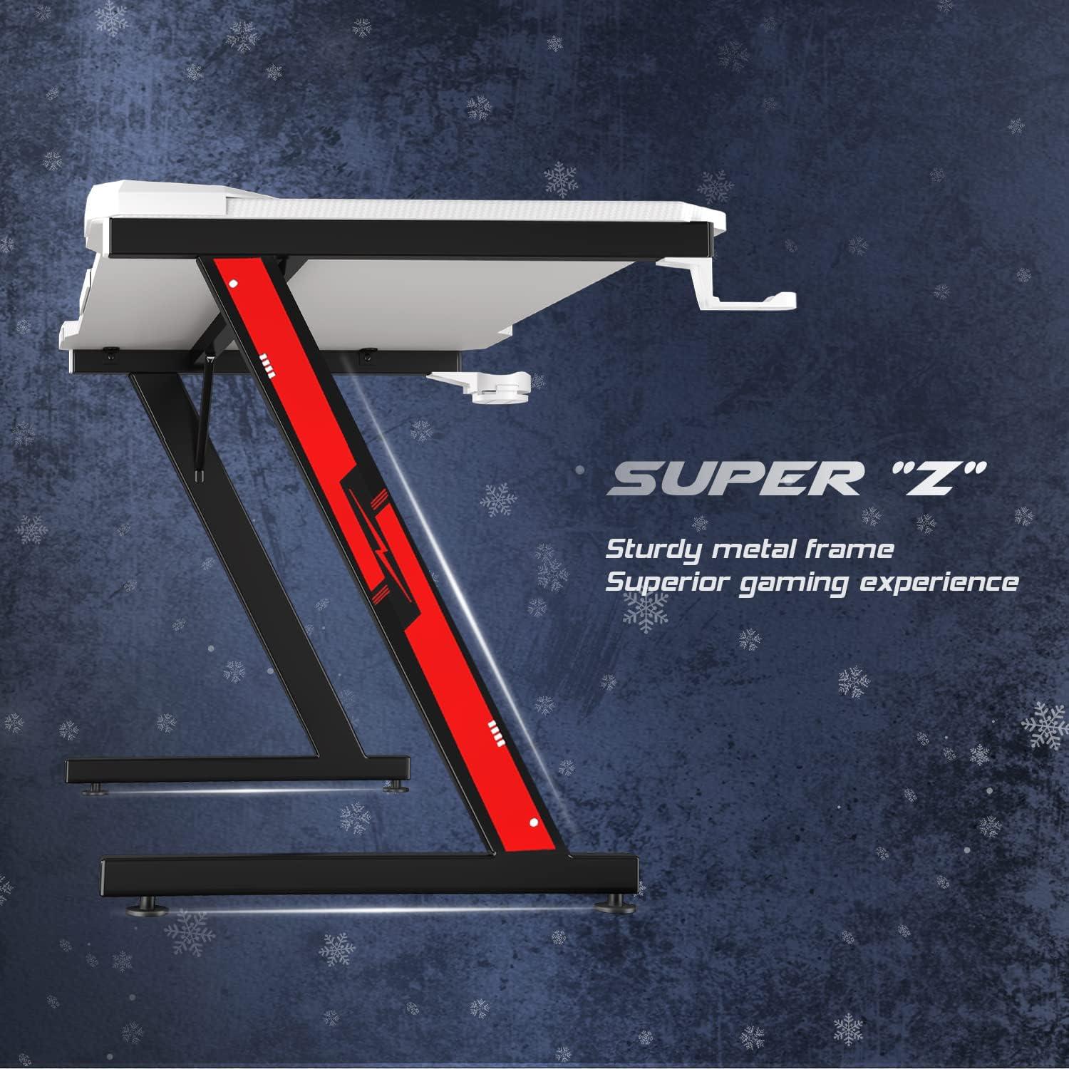 Homall Gaming Computer Desk with Carbon Fiber Surface, Gaming Table Z Shaped Pc Home Office with Cup Holder&Headphone Hook(44 in, White)