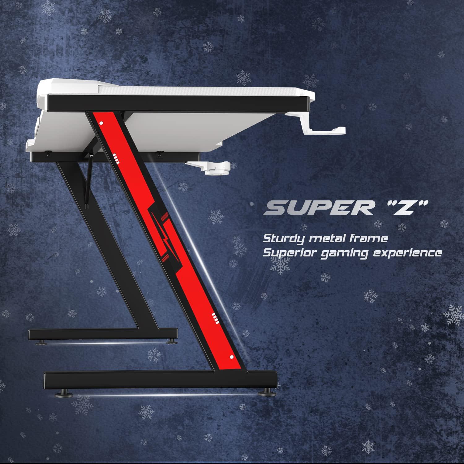 Homall Gaming Computer Desk with Carbon Fiber Surface, Gaming Table Z Shaped Pc Home Office with Cup Holder&Headphone Hook(44 in, White)