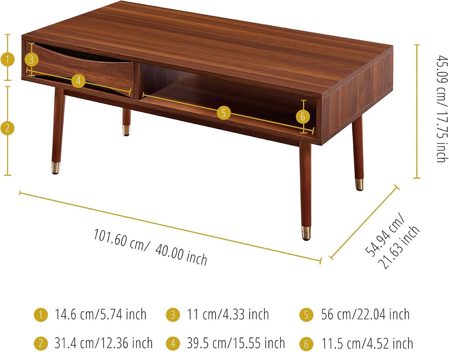 Dawson 40" Walnut Mid-Century Modern Coffee Table with Brass Accents