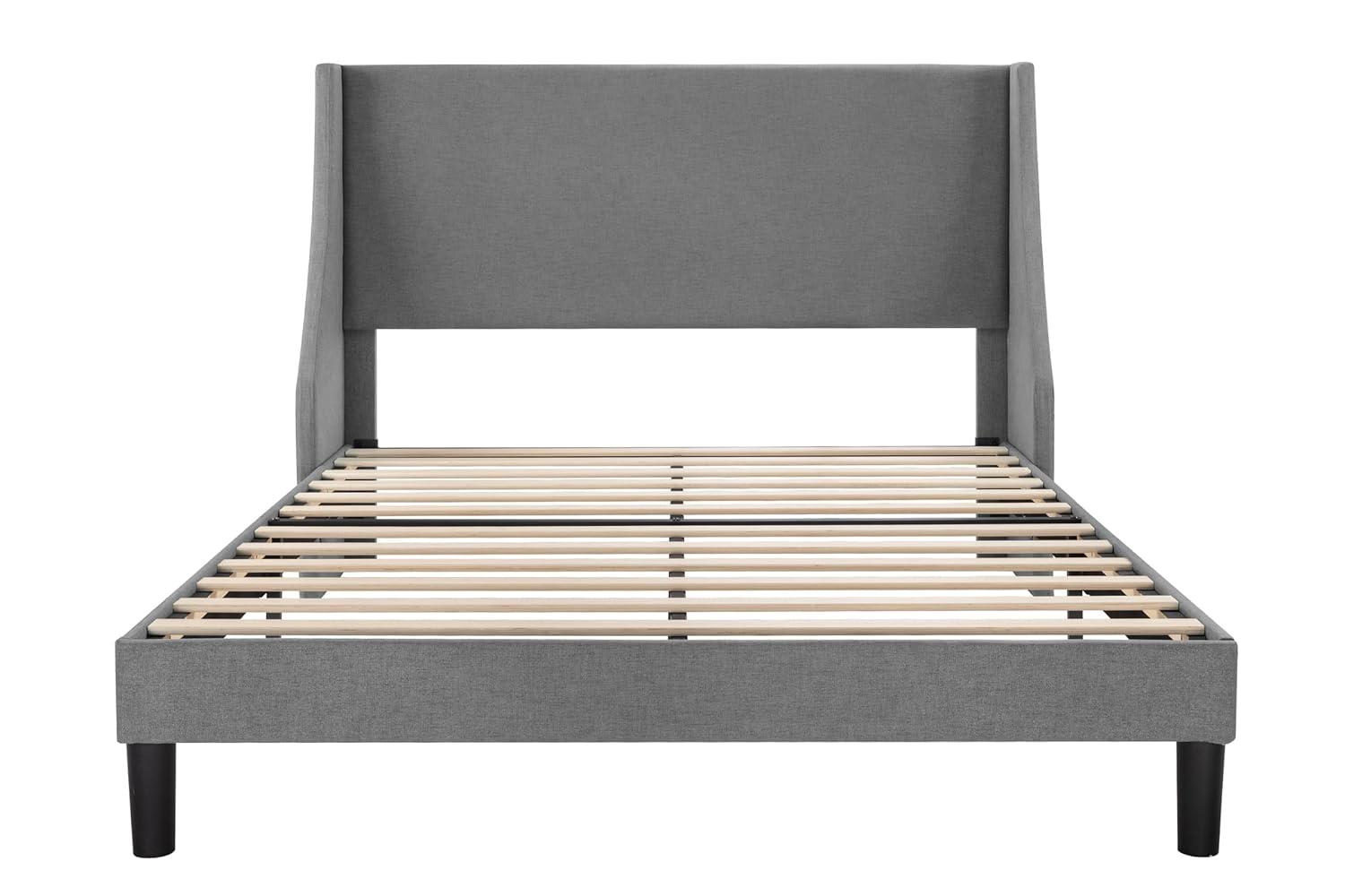SHA CERLIN Platform Bed Frame Queen Size with Upholstered Headboard – Sleek Wingback Design, Reinforced Wood Slat Support, Light Grey